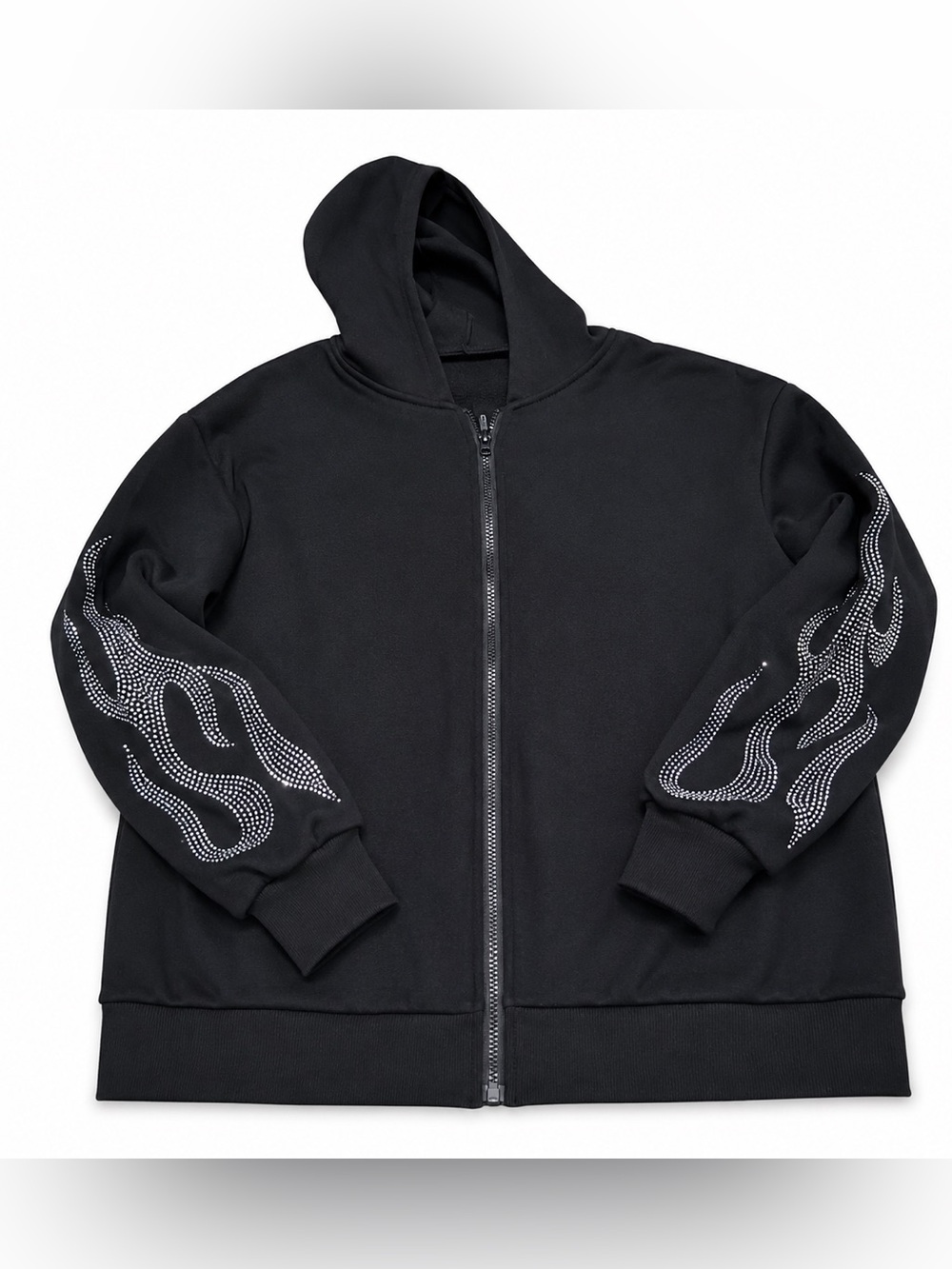 SHEIN Curve 0XL Black Rhinestone Flame Zip Up Hoodie Sweatshirt Plus Size